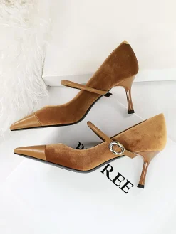 Elegant Velvet Paneled Adjustable Buckle Mary Jane Pumps