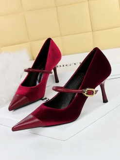 Elegant Velvet Paneled Adjustable Buckle Mary Jane Pumps