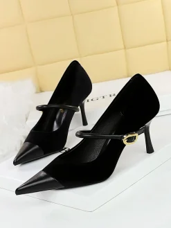 Elegant Velvet Paneled Adjustable Buckle Mary Jane Pumps
