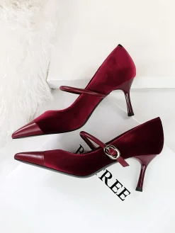 Elegant Velvet Paneled Adjustable Buckle Mary Jane Pumps