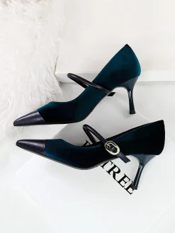 Elegant Velvet Paneled Adjustable Buckle Mary Jane Pumps