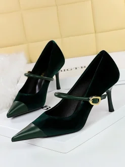 Elegant Velvet Paneled Adjustable Buckle Mary Jane Pumps