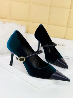 Elegant Velvet Paneled Adjustable Buckle Mary Jane Pumps