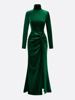 Elegant Velvet Stand Collar Maxi Gown with 3D Floral Appliqué