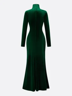 Elegant Velvet Stand Collar Maxi Gown with 3D Floral Appliqué