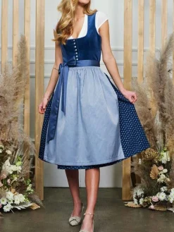 Elegant Velvet V Neck Short Sleeve Lace Dirndl Dress Three Piece