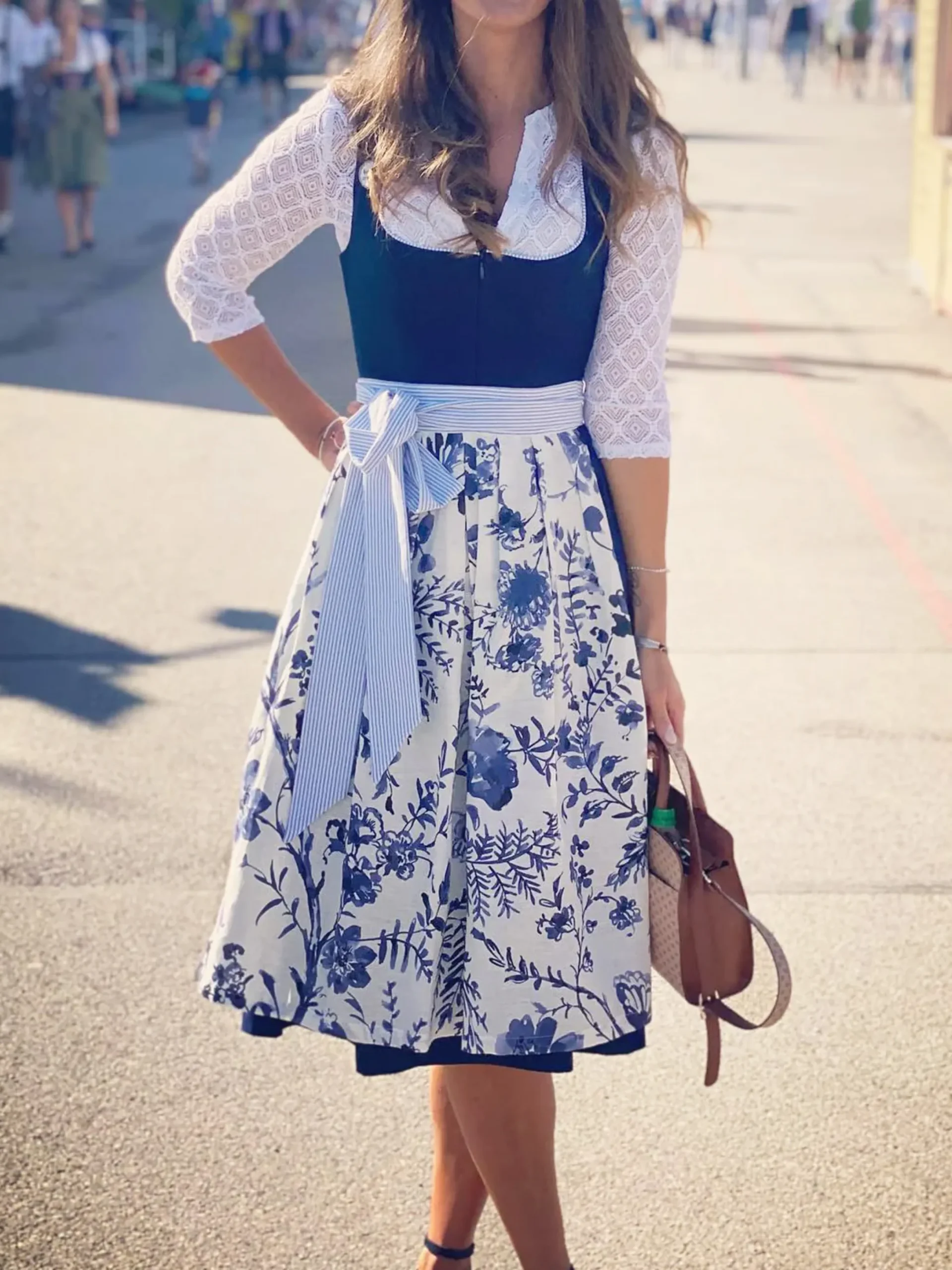 Elegant V Neck Lace-Up Floral Dirndl Dress Three Piece