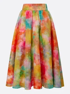 Elegant Watercolor Print Tulle Midi Skirt High Waisted with Pockets