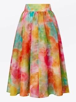 Elegant Watercolor Print Tulle Midi Skirt High Waisted with Pockets