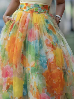 Elegant Watercolor Print Tulle Midi Skirt High Waisted with Pockets