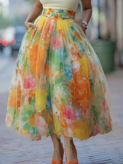 Elegant Watercolor Print Tulle Midi Skirt High Waisted with Pockets