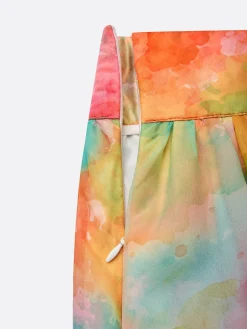 Elegant Watercolor Print Tulle Midi Skirt High Waisted with Pockets