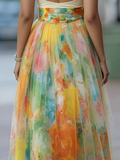 Elegant Watercolor Print Tulle Midi Skirt High Waisted with Pockets