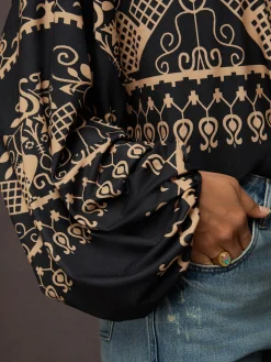 Ethnic Lantern Sleeve Cold Shoulder Loose T-Shirt