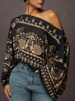 Ethnic Lantern Sleeve Cold Shoulder Loose T-Shirt