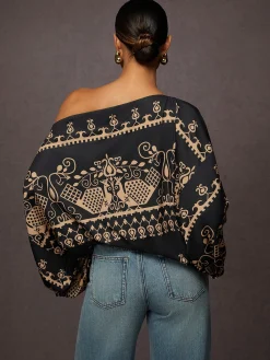 Ethnic Lantern Sleeve Cold Shoulder Loose T-Shirt