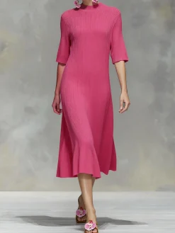 French Vintage Rose Pink Ribbed Knit Midi Dress
