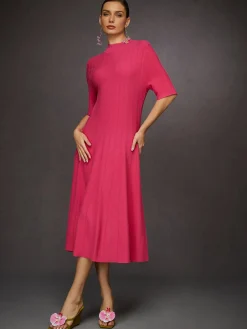 French Vintage Rose Pink Ribbed Knit Midi Dress