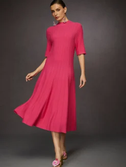 French Vintage Rose Pink Ribbed Knit Midi Dress