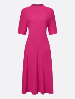 French Vintage Rose Pink Ribbed Knit Midi Dress