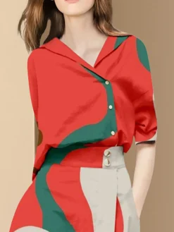 Half Sleeve Urban Shawl Collar Geometric Blouse