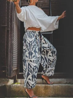 High Waist Casual Geometric Regular Fit Pants