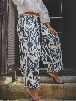 High Waist Casual Geometric Regular Fit Pants