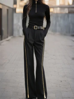 Jersey Urban Plain Zipper Turtleneck T-shirt