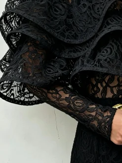 Lace Elegant Plain Folds Crew Neck Blouse
