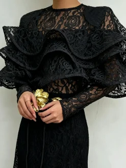 Lace Elegant Plain Folds Crew Neck Blouse