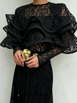 Lace Elegant Plain Folds Crew Neck Blouse
