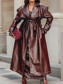 Lapel Collar Regular Sleeve Loose Urban Faux Leather Coat With Belt
