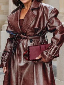 Lapel Collar Regular Sleeve Loose Urban Faux Leather Coat With Belt