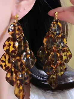 Leopard-print Acrylic Petal Tassel Stud Earrings