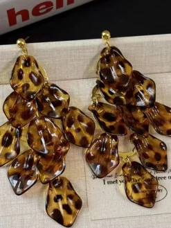 Leopard-print Acrylic Petal Tassel Stud Earrings