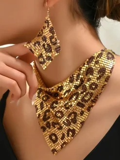 Leopard Print Sequined Triangular Scarf Necklace And Earrings Set - A Trendy And Unique Jewelry Set.