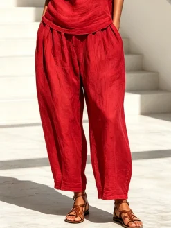 Linen Casual Plain Distressing Baggy Pants