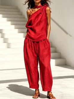 Linen Casual Plain Distressing Baggy Pants