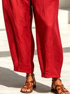 Linen Casual Plain Distressing Baggy Pants