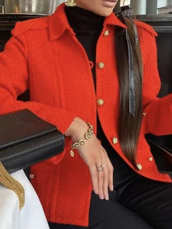 Long Sleeve Elegant Plain Regular Fit Jacket With Brooch