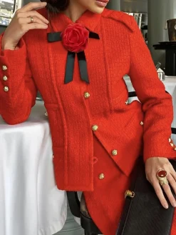 Long Sleeve Elegant Plain Regular Fit Jacket With Brooch
