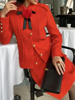 Long Sleeve Elegant Plain Regular Fit Jacket With Brooch