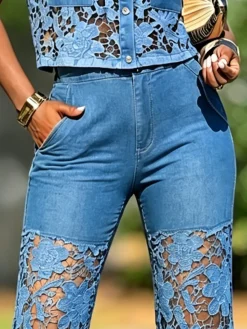 Loose Denim Urban Lace Distressing Plain Jeans