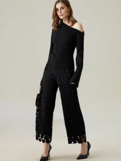 Loose Elegant Lace Plain Fashion Long Pants Straight pants