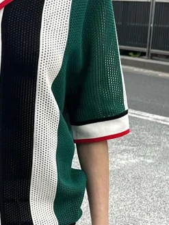 Loose Lapel Collar Color Block Urban Half Sleeve Blouse