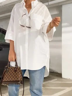 Loose Shirt Collar Plain Casual Blouse