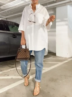 Loose Shirt Collar Plain Casual Blouse