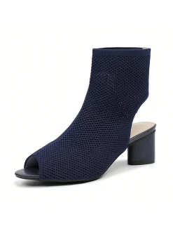 Minimalist Breathable Mesh Fabric Peep Toe Chunky Heel Boots