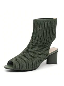 Minimalist Breathable Mesh Fabric Peep Toe Chunky Heel Boots