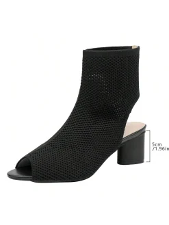 Minimalist Breathable Mesh Fabric Peep Toe Chunky Heel Boots